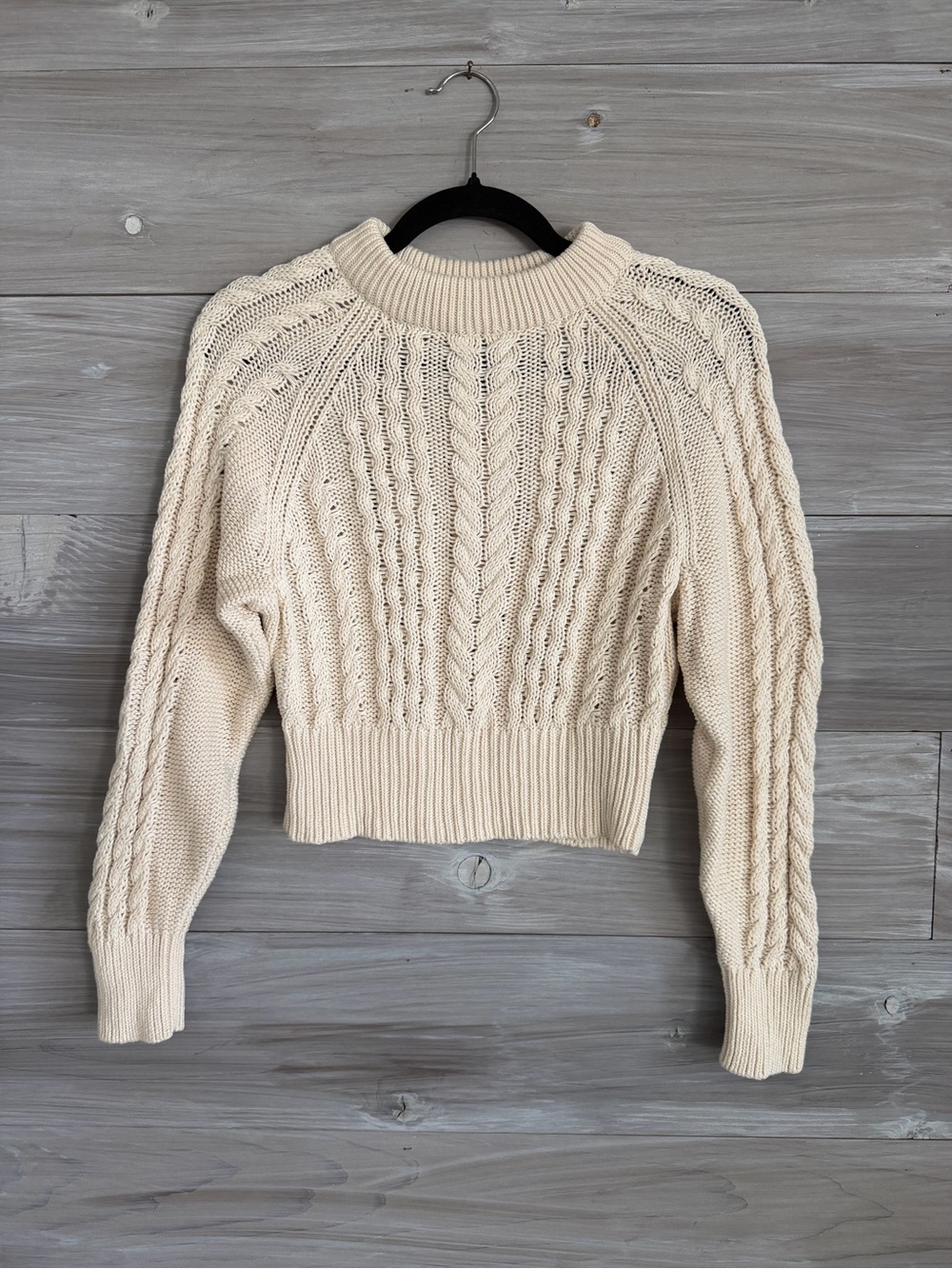 Anthropologie Cream Cable-Knit Crew neck cropped Sweater